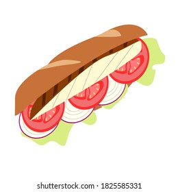Sandwich with fish and vegetables isolated on a white background. Turkish fast food Balık ekmek.Vector food illustration.