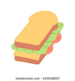 Sandwich flat design long shadow color icon. Fast food, breakfast, school lunch. Sandwich with ham, cheese, salad and toasted bread. Cafe, restaurant snack, appetizer. Vector silhouette illustration