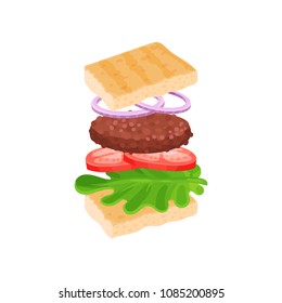 Sandwich with flying ingredients bread slices, lettuce leaf, tomatoes, grilled cutlet and onion rings. Fast food. Flat vector design