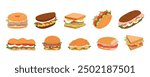 Sandwich food. Bagel, baguette and burger with cheese, chicken and meat. Pita with ham or salmon, meal bun. Flat cartoon healthy restaurant menu isolated elements. Vector icon garish breakfast set