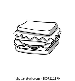 Sandwich. Food icon. Black and white doodle cartoon, vector illustration.