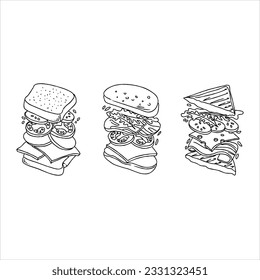  sándwich, comida, vector, pan, ilustración, bocadillo, ayuno, comida, queso, almuerzo, aislado, jamón, hamburguesa, restaurante, lechuga, menú, café, saludable, set, ícono dibujos de doodle dibujados a mano conjunto vectorial