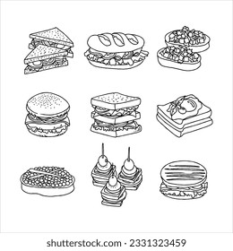  sandwich, food, vector, bread, illustration, snack, fast, meal, cheese, lunch, isolated, ham, burger, restaurant, lettuce, menu, cafe, healthy, set, icon hand drawn doodle illustrations vector set