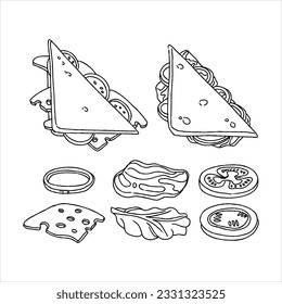  sandwich, food, vector, bread, illustration, snack, fast, meal, cheese, lunch, isolated, ham, burger, restaurant, lettuce, menu, cafe, healthy, set, icon hand drawn doodle illustrations vector set