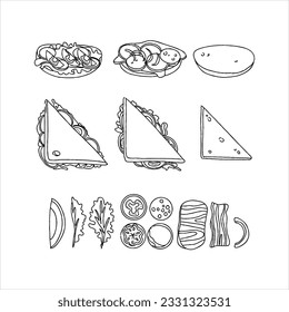  sandwich, food, vector, bread, illustration, snack, fast, meal, cheese, lunch, isolated, ham, burger, restaurant, lettuce, menu, cafe, healthy, set, icon hand drawn doodle illustrations vector set