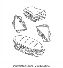  sandwich, food, vector, bread, illustration, snack, fast, meal, cheese, lunch, isolated, ham, burger, restaurant, lettuce, menu, cafe, healthy, set, icon hand drawn doodle illustrations vector set