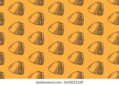 sanduíche alimento gravando linha arte padrão sem emenda no fundo amarelo. retro sarnie comida eclosão padrão papel de parede fundo para restaurante, praça de alimentação, cafés, lanchonete, lanchonete merchandise