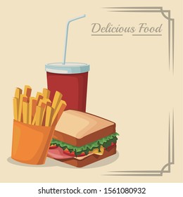 sandwich with french fries and soft drink cup over white background, colorful design , vector illustration
