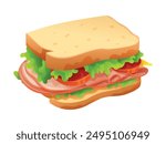 Sandwich with fresh lettuce, tomato, ham, and cheese. Vector cartoon illustration