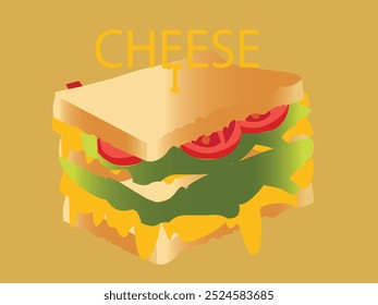 Sandwich with fresh lettuce, tomato, ham, and cheese. Vector cartoon illustration