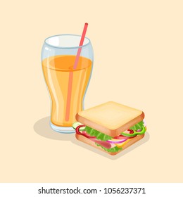 Sandwich and fresh orange juice - cute cartoon colored picture. Graphic design elements for menu, poster, brochure, ad. Vector illustration of fast food for bistro, snackbar, cafe or restaurant