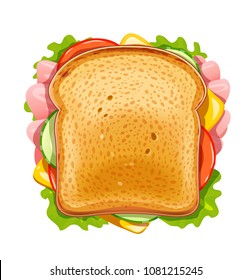 Sandwich. Fried bread with cucumber, bacon, tomato, cheese, lettuce. Vegetarian Fast food lunch. Bread and butter for breakfast. Supper organic meal. Delicious Snack. Isolated. Vector illustration.