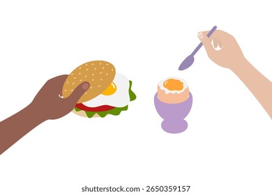 Sandwich with Fried Egg in Mans hand and Soft Boiled Egg in Egg bowl and spoon in Womens hand Set