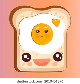 Sandwich with Fried egg. Products with cute kawaii emotions. Healthy and delicious breakfast. Source of protein. Quick cooking. Cartoon flat vector illustration isolated on a pink background