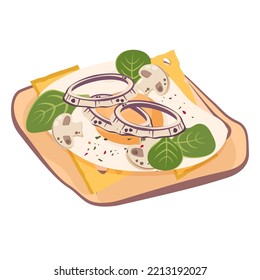 Sandwich with fried egg, sliced mushrooms, spinach, slices of cheese. Toasted delicious white bread toast. Delicious quick and hearty and healthy breakfast and snack. Vector cartoon illustration