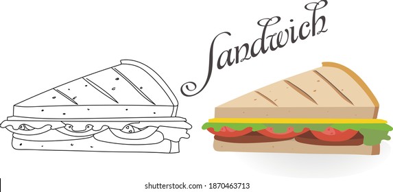 Sandwich of fried toast with cutlet, tomatoes, cheese and salad. Vector color illustration and sketch manual drawing. for menu, postcard or page coloring.