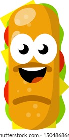 Sandwich with funny face. Street food and fast food element. Mascot character. Long burger with meat and vegetables. Ciabatta bread. Eyes and smile. Cartoon flat illustration
