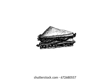 Sandwich, graphic hand drawn illustration isolated on white background. Fast food.