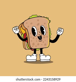  Sandwich groovy retro mascot character vector illustration. perfect for t-shirt design, poster, sticker, logo brand and etc.