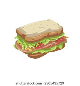 Sandwich with ham, cheese, tomato, lettuce, vegetables and meat. Isolated vector clip art illustration