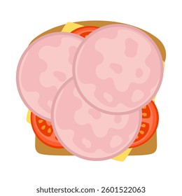 sandwich with ham, cheese and tomato, snack, fast food, breakfast  isolated on white, flat vector illustration, perfect for street cafe, restaurant menu, brochure, banner