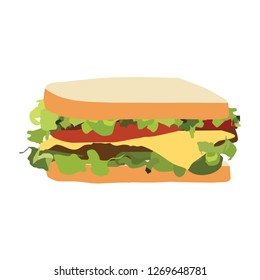 Sandwich mit Schinken, Käse, Tomaten, Salat und geröstetem Brot. Vektorillustration