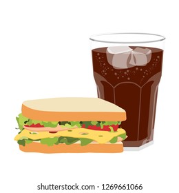 Sandwich with ham, cheese, tomatoes, lettuce, and toasted bread. Refreshing Bubbly Soda Pop with Ice Cubes. Vector illustration