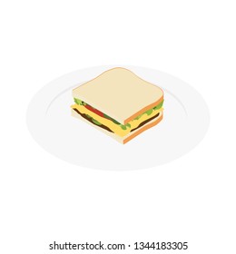 Sandwich with ham, cheese, tomatoes, lettuce, and toasted bread on plate isometric view