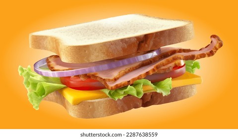 Sandwich mit Schinken, Käse, Tomaten und Salat, Gemüse, Schinken, Ecksandwich, realistische 3D, digitale Farbe, auf weißem Hintergrund. Gesundes Essen, leichtes Essen, handgezeichnete digitale Illustration.