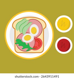 A sandwich of ham, egg, avocado, arugula leaves and tomato with chili sauce and mustard sauce.