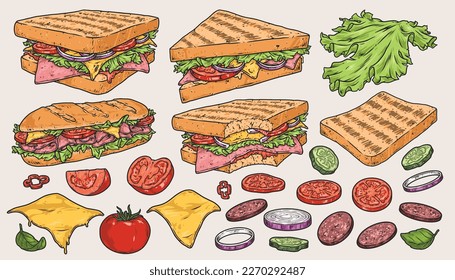 Sandwich ham logotypes set colorful with snacks from fast food restaurant and ingredients to prepare delicious lunch vector illustration