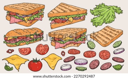Sandwich ham logotypes set colorful with snacks from fast food restaurant and ingredients to prepare delicious lunch vector illustration