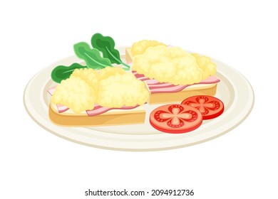 Sandwich with ham and scrambled eggs. Tasty food dish for breakfast vector illustration