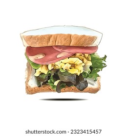 sandwich ham scrambled eggs and vegetables on white background isolated , vector illustration
