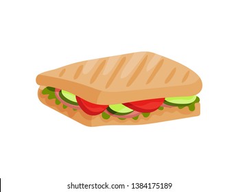 Sandwich with ham, tomato and cucumber. Vector illustration.