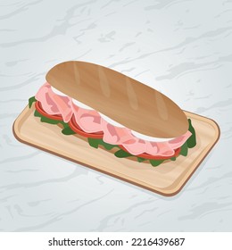 
Sándwich con jamón, tomates y queso. Imagen vectorial de una hamburguesa. Icono de comida para web