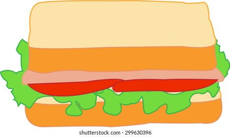 sandwich with ham and tomatoes on a white background