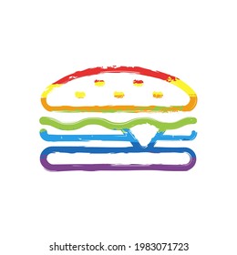 Sandwich or hamburger, fast food, simple icon. Drawing sign with LGBT style, seven colors of rainbow (red, orange, yellow, green, blue, indigo, violet