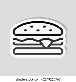 Sandwich or hamburger, fast food, simple icon. Linear sticker, white border and simple shadow on gray background