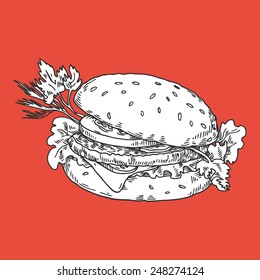 sandwich, hamburger, hand draw