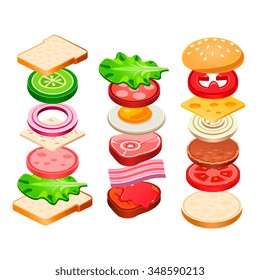 Sandwich and Hamburger Ingredients Set. Vector Illustration