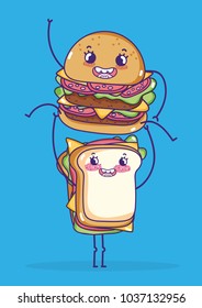 Sandwich and hamburger kawaii cartoons