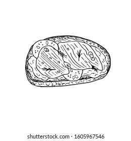 Sandwich. Hand drawn vector illustration. Monochrome black and white ink sketch. Line art. Isolated on white background. Coloring page.