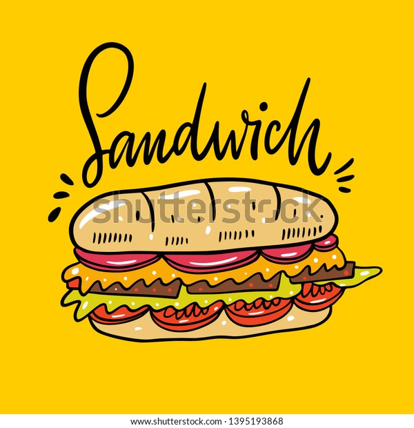 サンドイッチの手描きのベクトルイラストと文字 漫画のスタイル 黄色い背景に バナー ポスター メニューボードのデザイン のベクター画像素材 ロイヤリティフリー