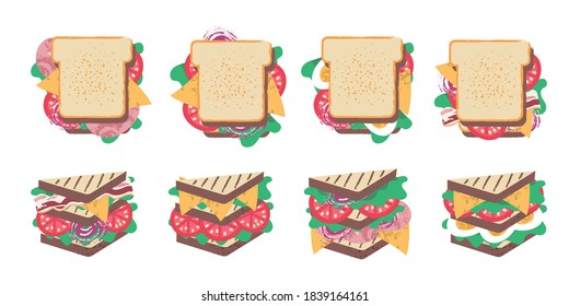 Sándwich. Feliz día de sándwich. Ilustración vectorial al estilo de las caricaturas planas.