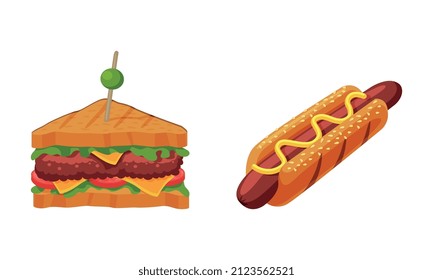 Sandwich and Hot Dog with Sausage as Fast Food Vector Set