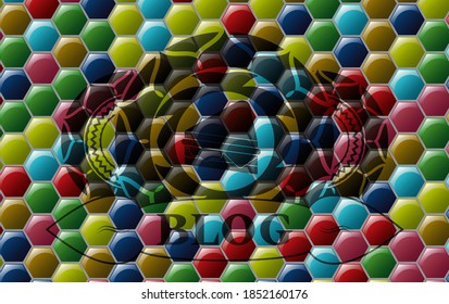 sandwich icon and Blog text Colorful multicolored realistic emblem. Hexagon exquisite background. Intense illustration. 