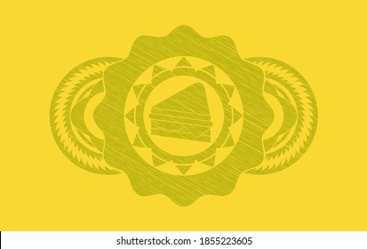 icono de sándwich dentro del emblema de la carrera amarilla. Fondo delicado de limón. Ilustración vectorial. 