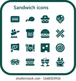 sandwich icon set. 16 filled sandwich icons.  Simple modern icons such as: Biscuit, Snack, Picnic, Cheese, Fry, Toast, Burger, Churros, Spreading, Food, Cinnamon roll, Hamburger