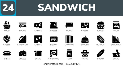 sandwich icon set. 24 filled sandwich icons.  Collection Of - Food, Smore, Cheese, Picnic, Burger, Sandwich, Biscuit, Churros, Hotdog, Bread, Spreading